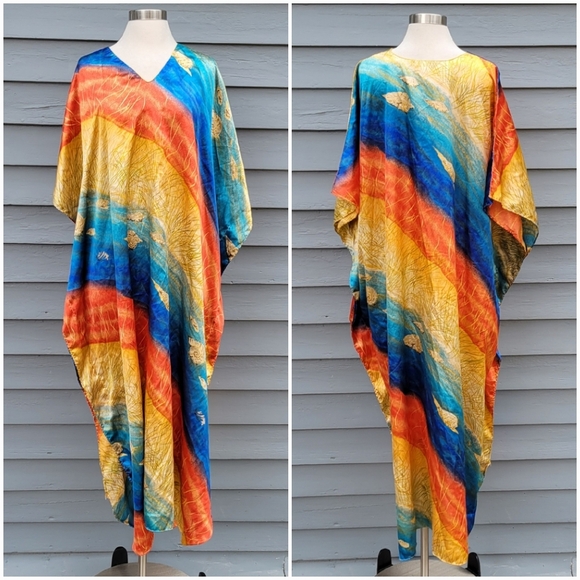 Vintage 80s Sunset Orange Gold Blue Beach Cover Up Shell Kaftan Caftan Mumu O/S - Picture 6 of 7